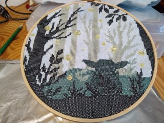 Baby Yoda in Enchanted Forest embroidery Counted cross stitch of a misty forest with fireflies and Baby Yoda